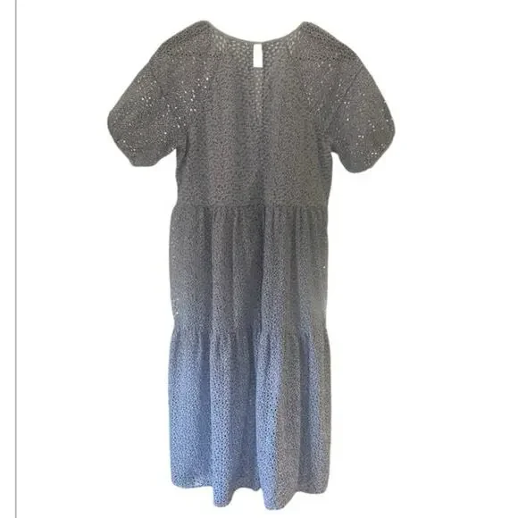 Everlane Tiered Blue White Eyelet Puff Sleeve Oversized Midi Dress Size XS - Picture 6 of 9